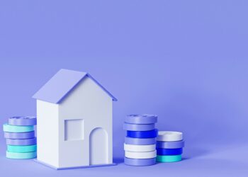 A small, minimalist white and light purple model house is surrounded by stacks of poker chips in shades of blue, purple, and white against a solid light purple background. The scene cleverly hints at themes of renters insurance intertwined with housing finance or gambling. | MyWebInsurance