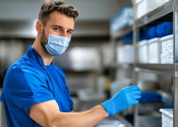 A man in a blue surgical mask, scrubs, and gloves works in a medical setting associated with Health Maintenance Organization (HMO) Plans. Standing near shelves filled with containers, he gazes towards the camera, while the blurred background emphasizes his presence. | MyWebInsurance