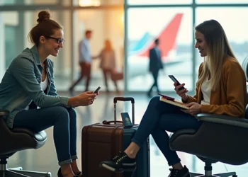 Two women sit in an airport lounge, smiling and using their phones. They have a suitcase and a passport nearby, with a large window showing an airplane and other travelers in the background. | MyWebInsurance