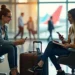 Two women sit in an airport lounge, smiling and using their phones. They have a suitcase and a passport nearby, with a large window showing an airplane and other travelers in the background. | MyWebInsurance