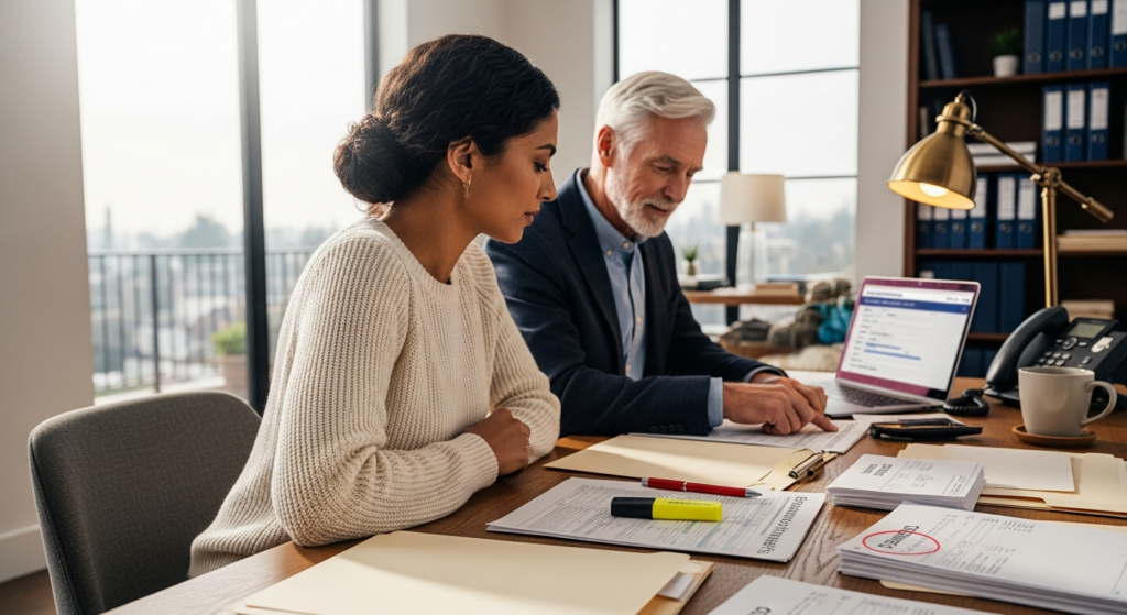 A woman and an older man sit at a desk reviewing documents, including financial papers and a laptop. The office has large windows and shelves with folders in the background. | MyWebInsurance