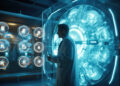 A scientist in a lab coat stands in front of a large, illuminated circular scientific device surrounded by glowing blue lights and transparent panels with intricate machinery visible inside. | MyWebInsurance