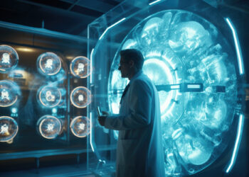 A scientist in a lab coat stands in front of a large, illuminated circular scientific device surrounded by glowing blue lights and transparent panels with intricate machinery visible inside. | MyWebInsurance