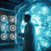 A scientist in a lab coat stands in front of a large, illuminated circular scientific device surrounded by glowing blue lights and transparent panels with intricate machinery visible inside. | MyWebInsurance